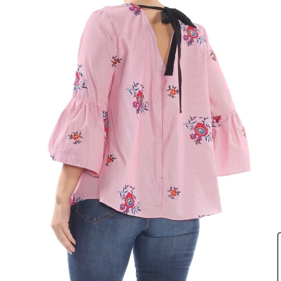 Nine West Red and White PinStripe Bell Sleeve Top | Small - Picture 2 of 14